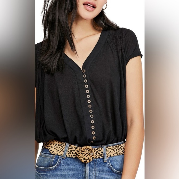Free People Black Button-Front Blouse - Picture 1 of 6